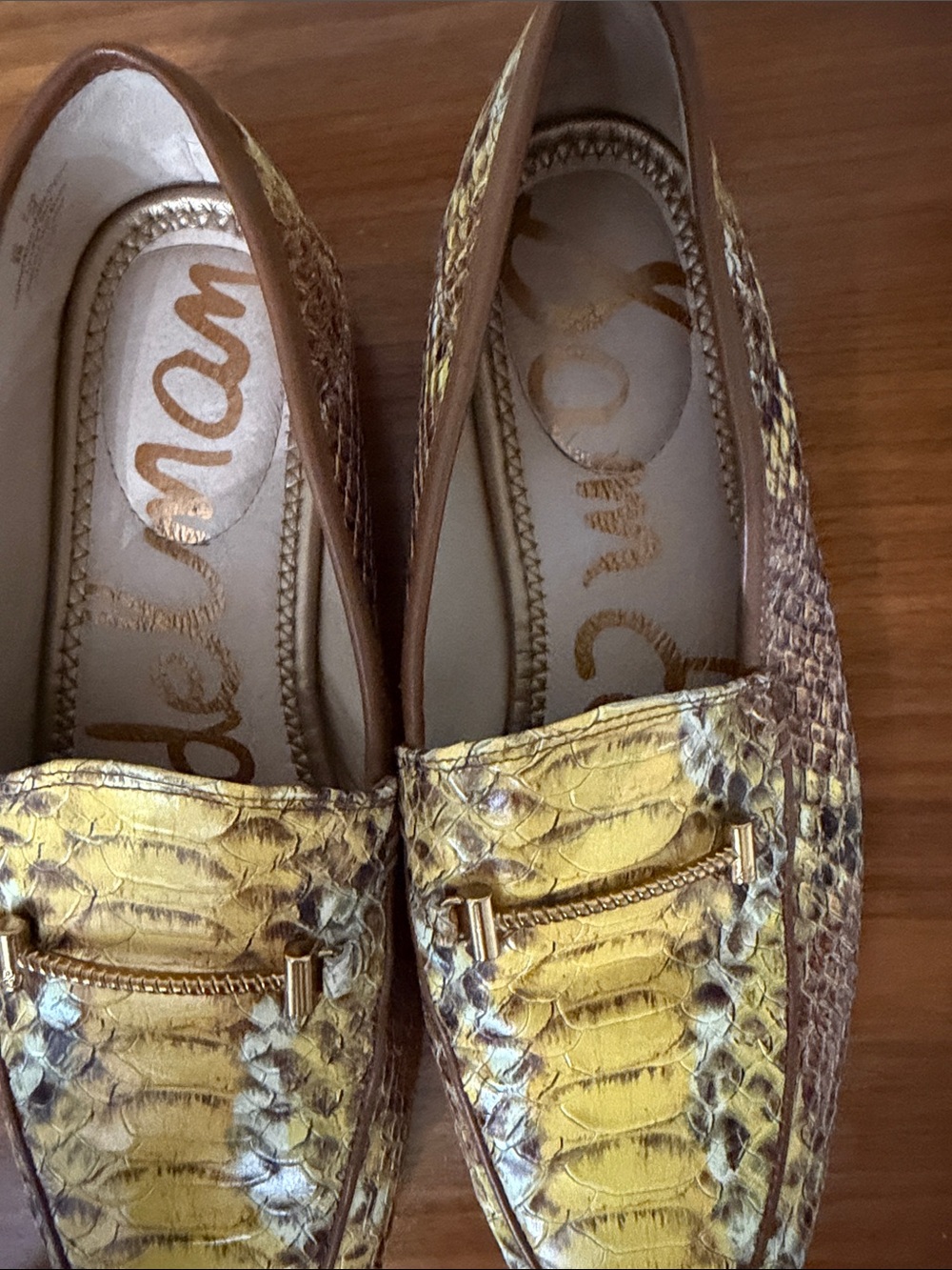 Sam Edelman Yellow Snake-Print Loafers with Brown Trim - Picture 2 of 3
